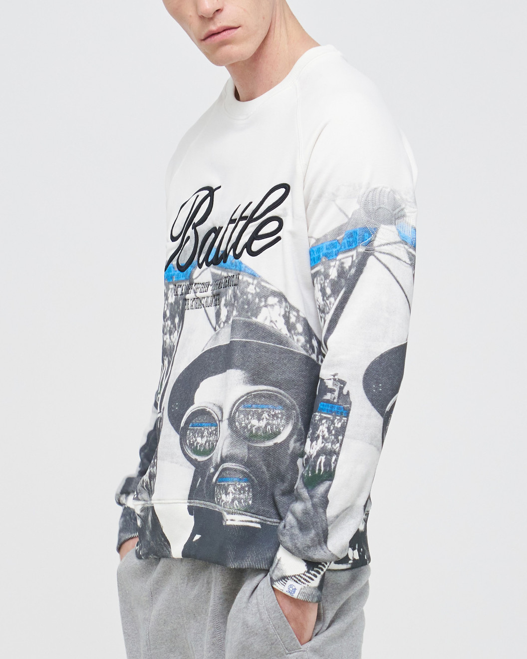 Men's White Loopback Sweatshirt with Casual Society Micro-Laminate and Velvet Applique Embroidery