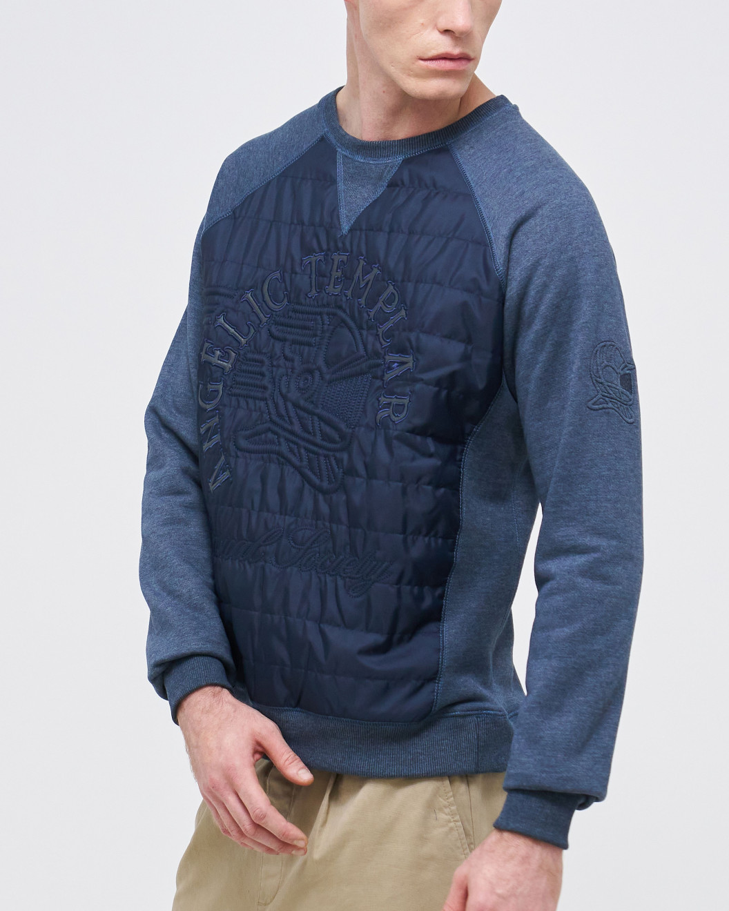 Men's Blue Loop-Back Cotton Sweatshirt with Micro-Leather and Velvet Applique Embossed Embroidery