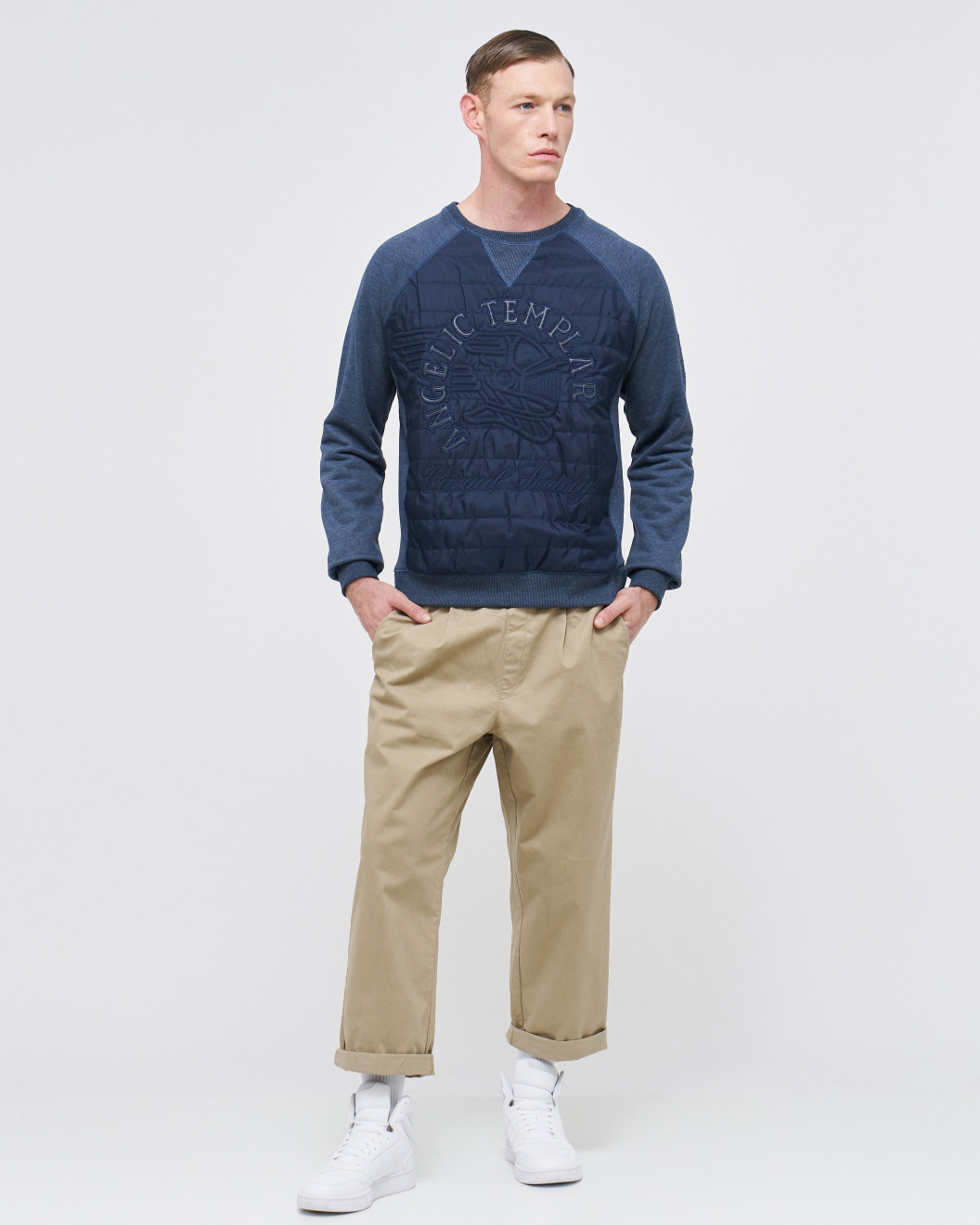 Men's Blue Loop-Back Cotton Sweatshirt with Micro-Leather and Velvet Applique Embossed Embroidery