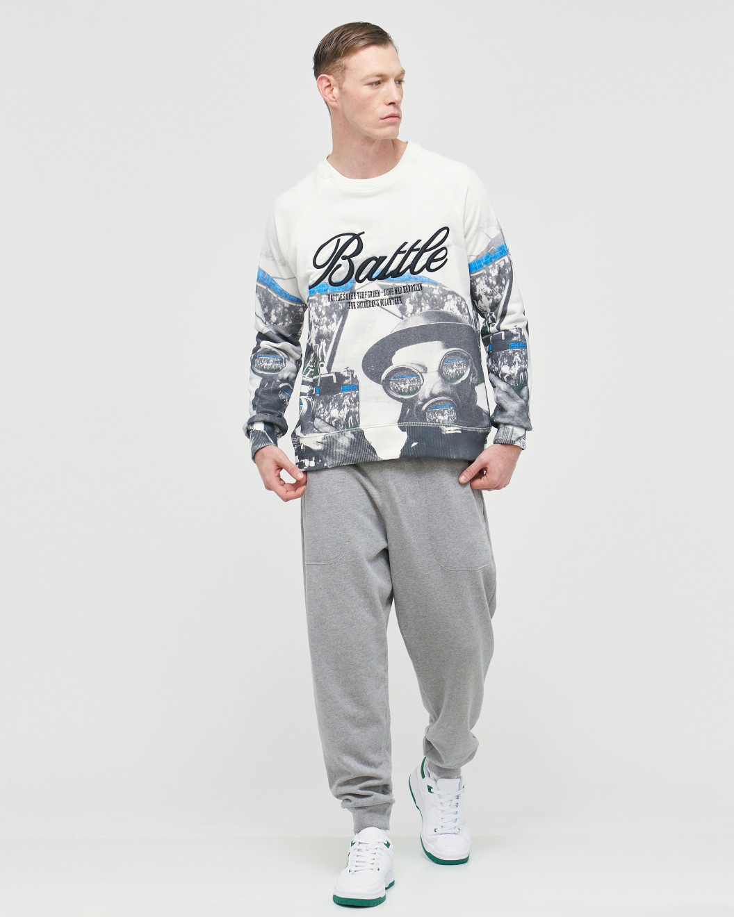 Men's White Loopback Sweatshirt with Casual Society Micro-Laminate and Velvet Applique Embroidery