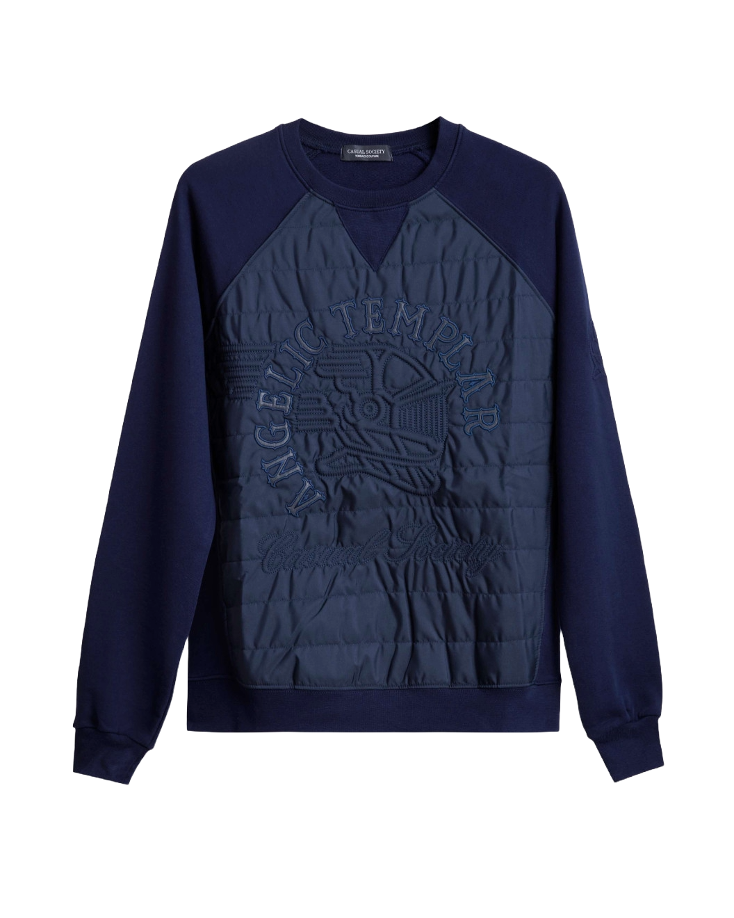 Men's Navy Loop-Back Cotton Sweatshirt, with Quilted Micro Leather and Velvet Applique Embroidery