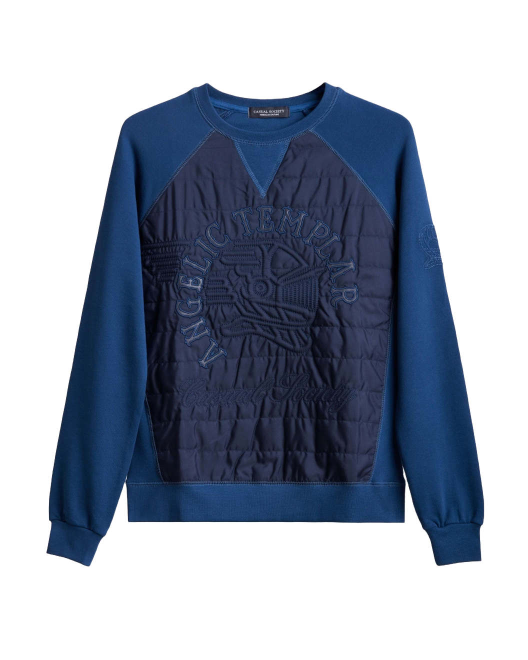 Men's Navy Loop-Back Cotton Sweatshirt, Quilted Fabric with Micro-Leather and Velvet Applique