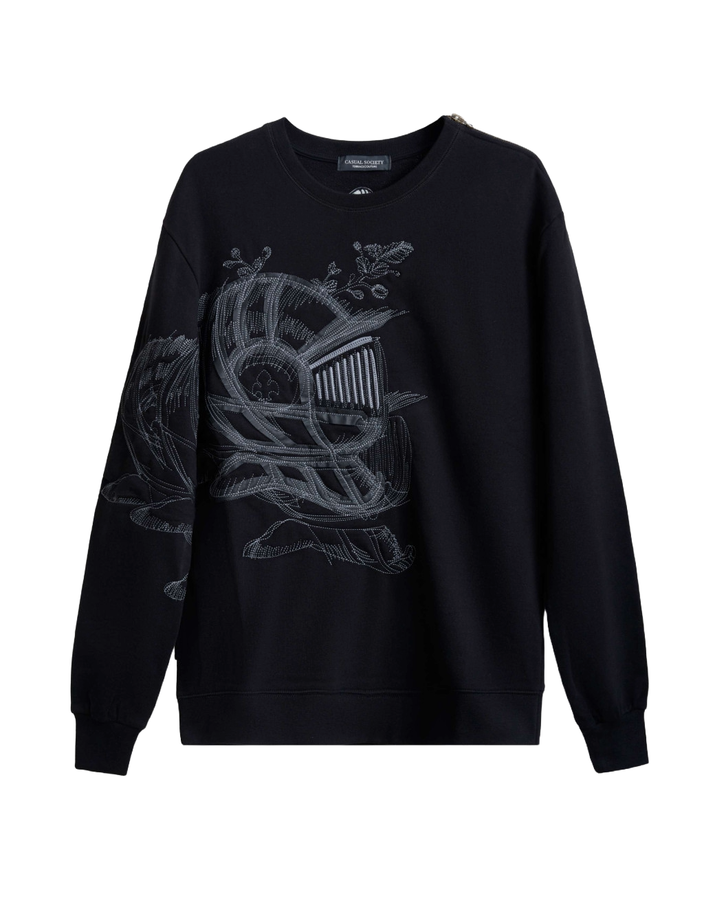 Men's Black Loop-Back Sweatshirt, with Casual Society Micro-Leather Applique Embossed Embroidery