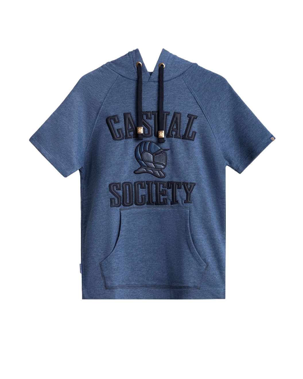 Men's Blue Loop-Back Cotton Sweatshirt Hoodie with Micro-Leather Embossed Applique Embroidery