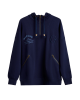 Men's Navy Loop-Back Cotton Sweatshirt Hoodie with Micro-Leather Embossed Applique Embroidery