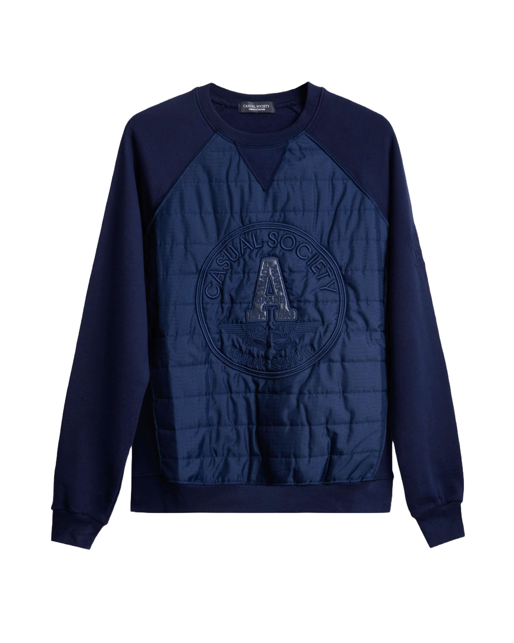 Men's Navy Cotton Loop-Back Sweatshirt, Quilted Micro-Leather, Velvet Applique Embroidery