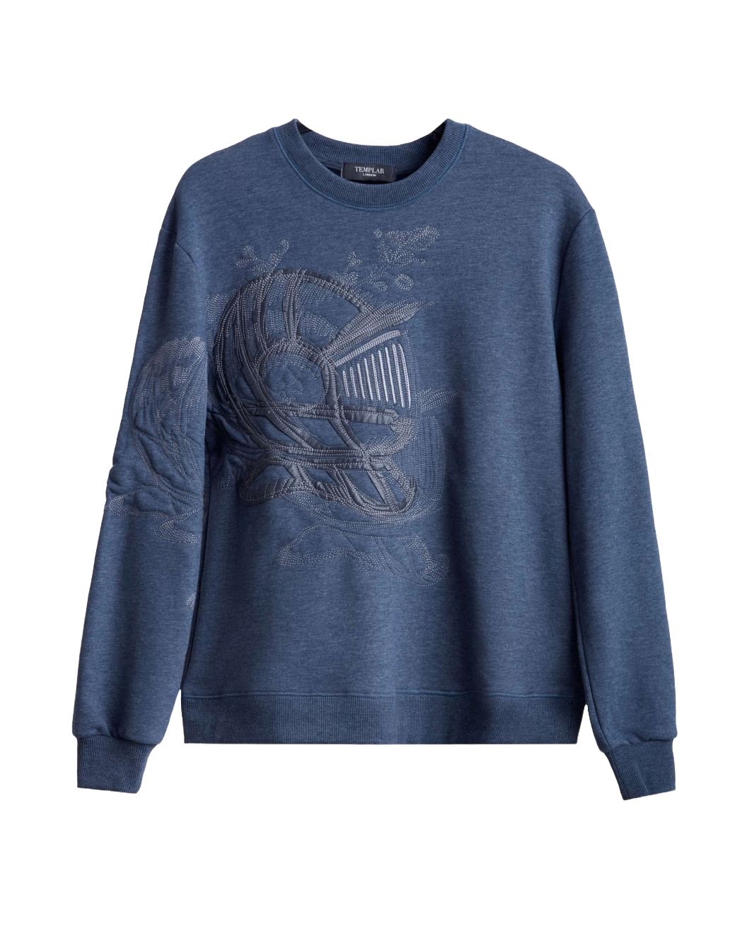 Men's Blue Loop-Back Sweatshirt, with Casual Society Micro-Leather, Applique Embossed Embroidery