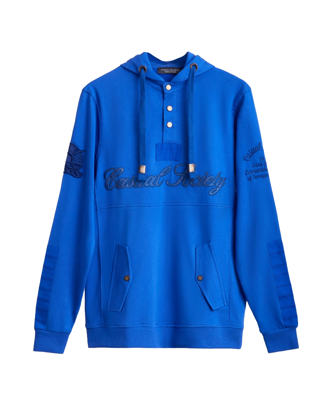 Men's Blue Single Jersey Hoodie, with Casual Society Micro-Laminate, Velvet Applique Embroidery