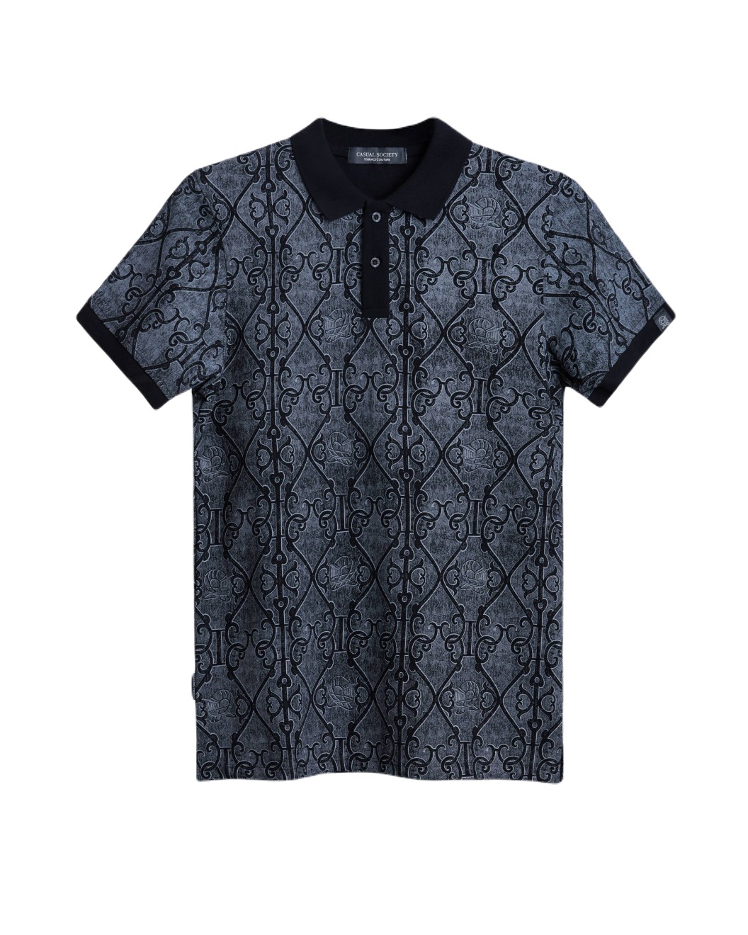 Men's Black Pique Polo, with Antique Gate Print, Featuring Casual Society Logo