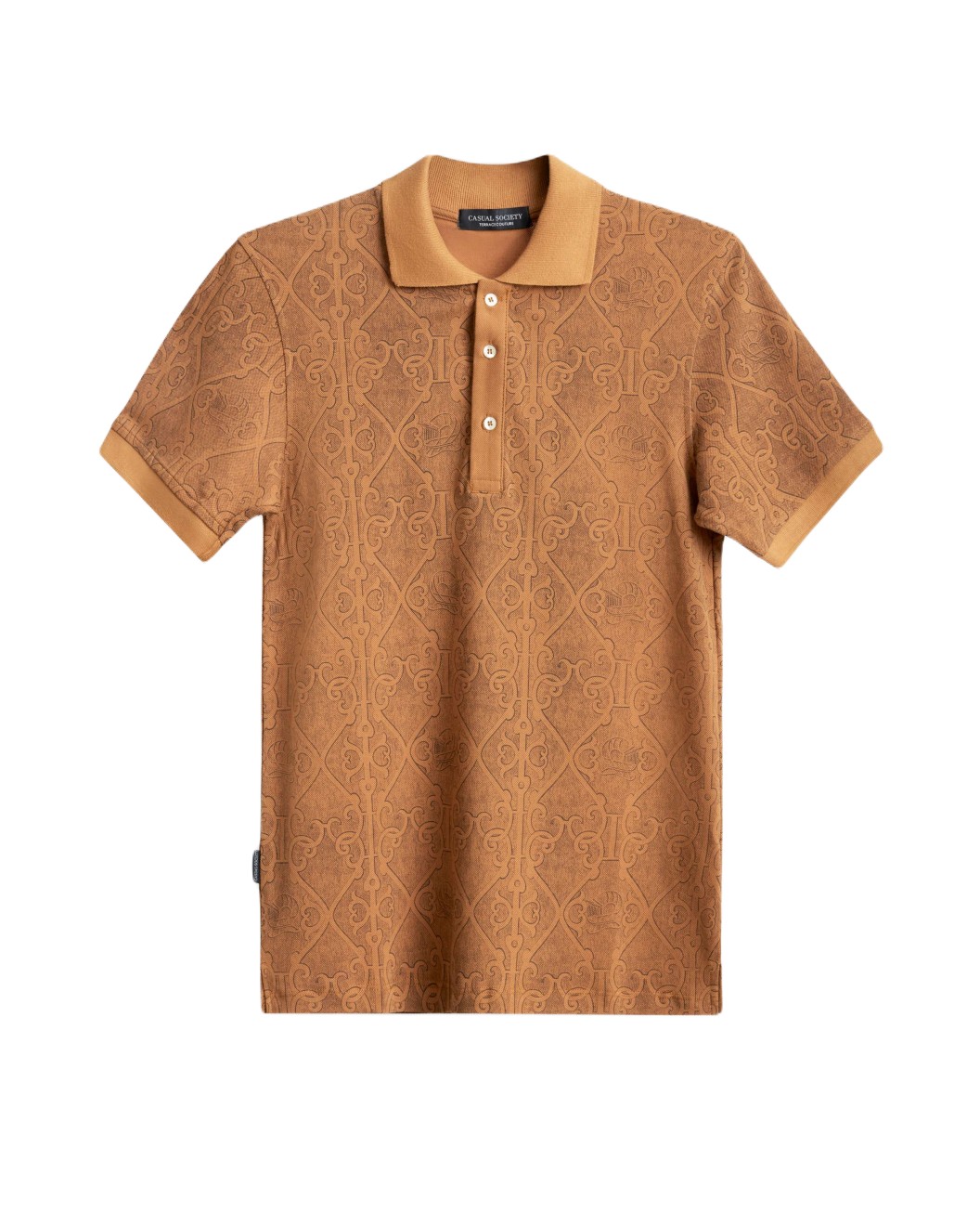 Men's Camel Pique Polo, with Antique Gate Print Featuring Casual Logo