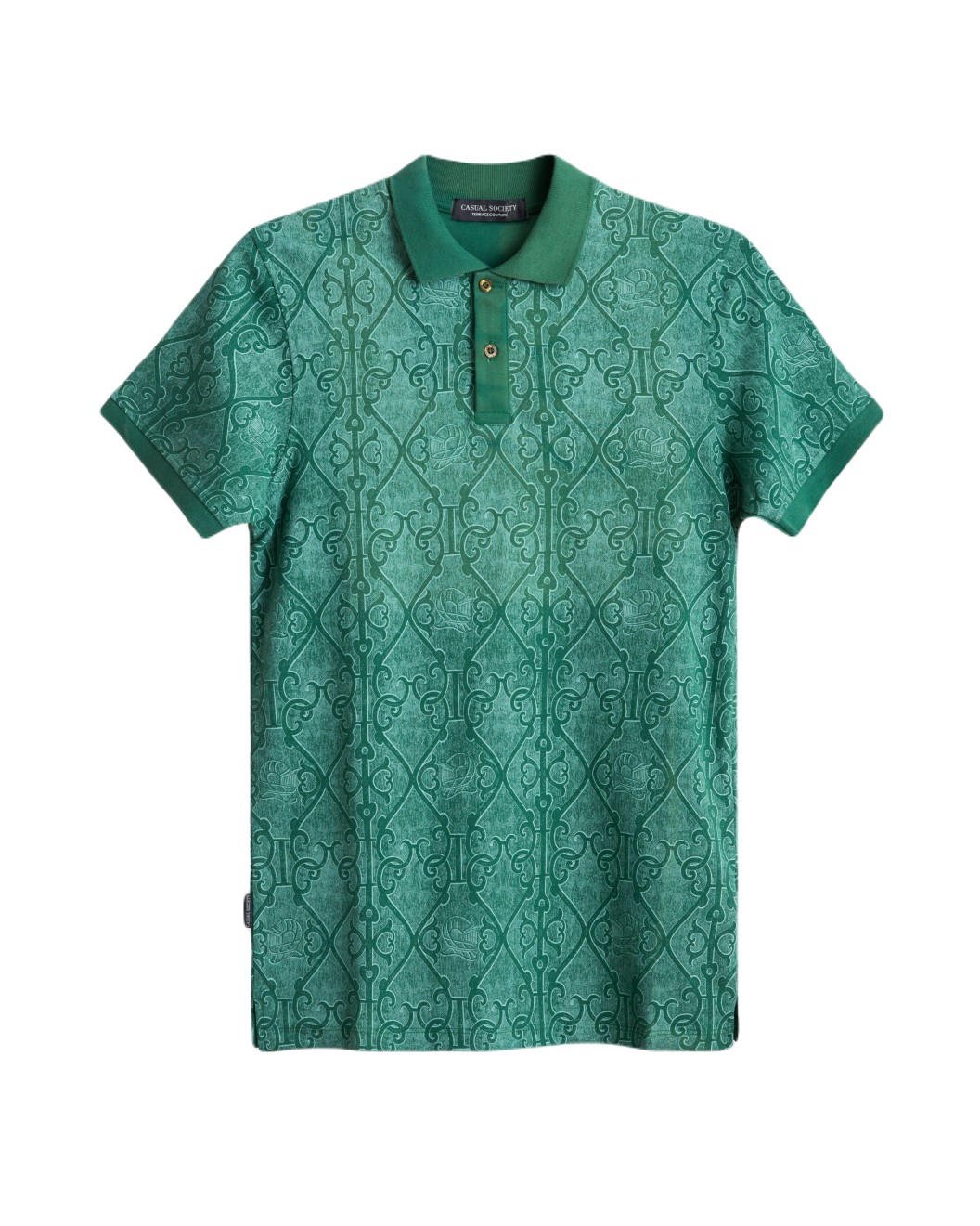 Men's Green Pique Polo, with Antique Gate Print Featuring Casual Logo