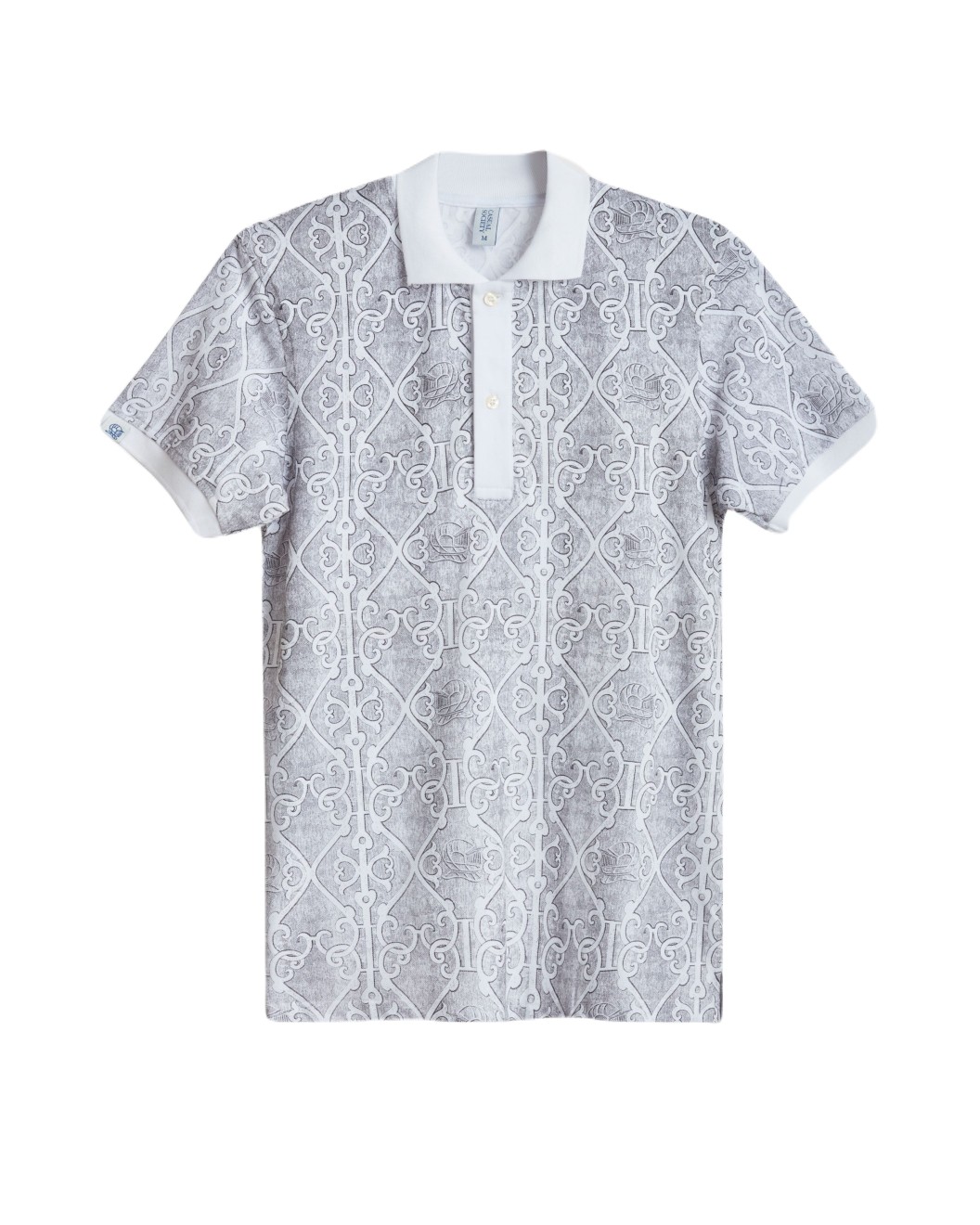 Men's White Pique Polo, with Antique Gate Print Featuring Casual Logo