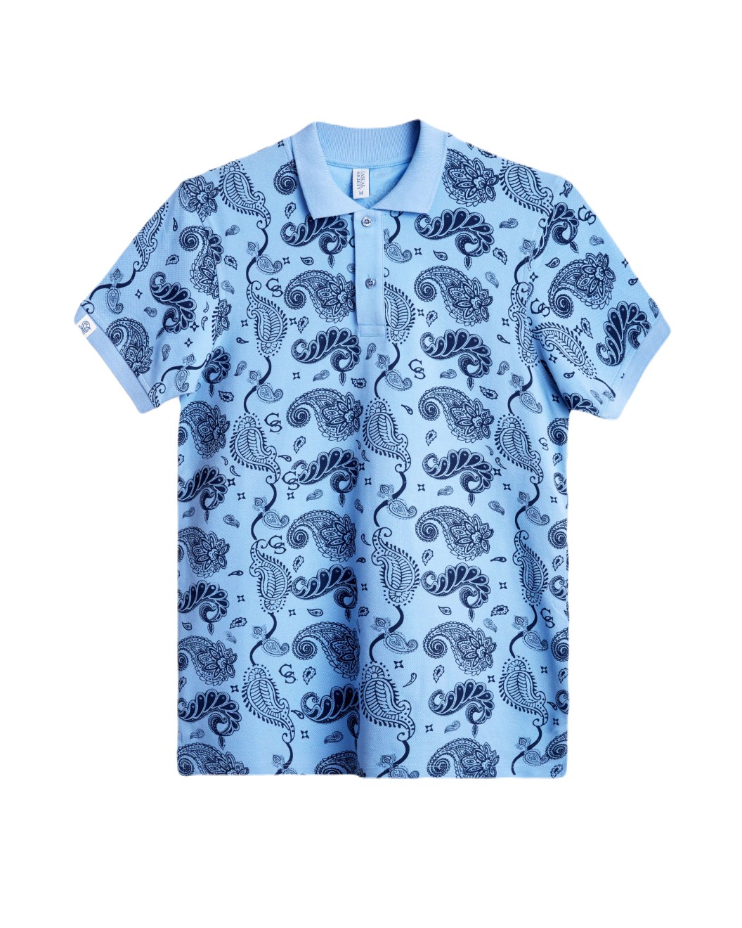 Men's Baby Blue Pique Polo, with Soho 1964 all-over Paisley Print