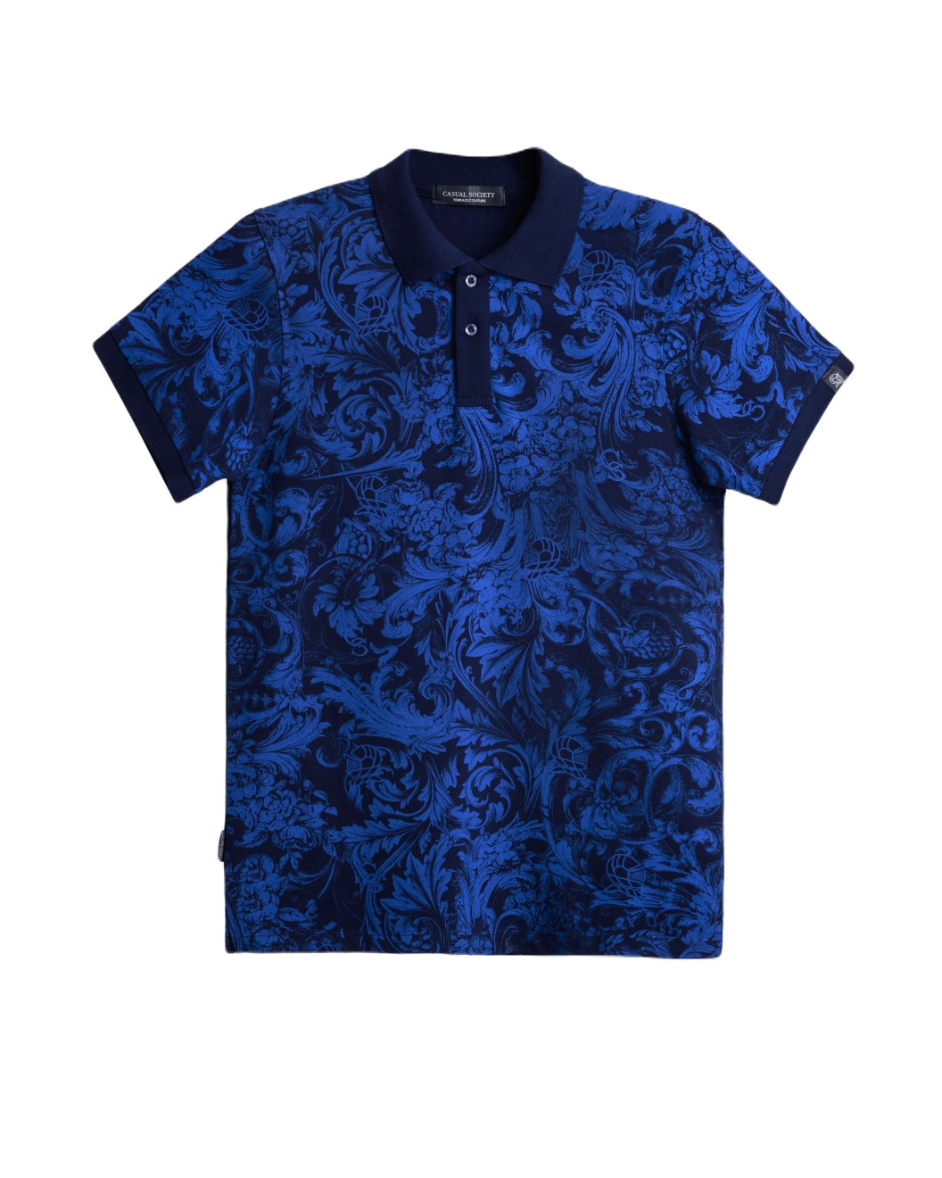 Men's Navy Polo, with Baroque Wall Paper Print and Embossed Casual Society Logo