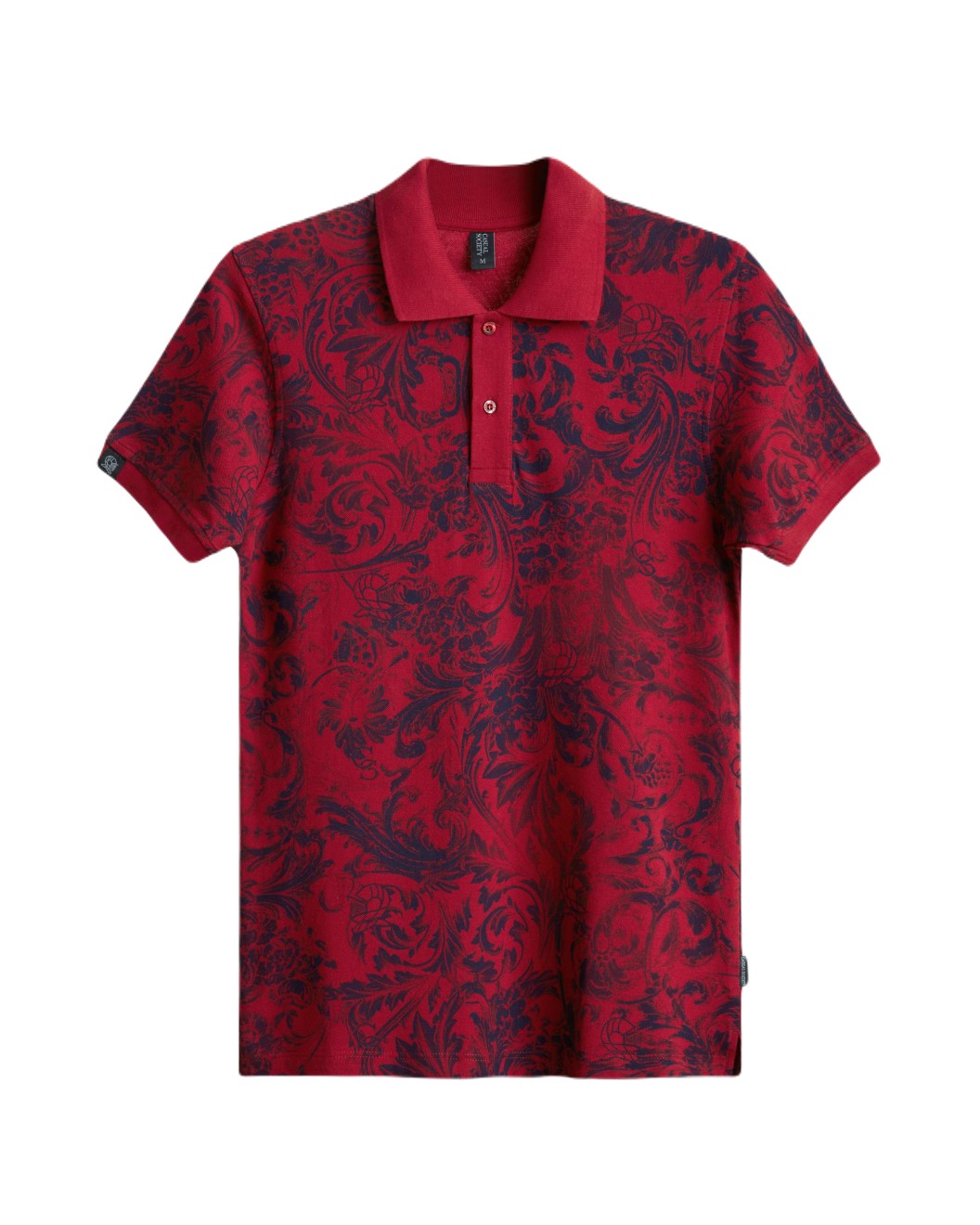 Men's Red Polo, with Baroque Wall Paper Print and Embossed Casual Society Logo