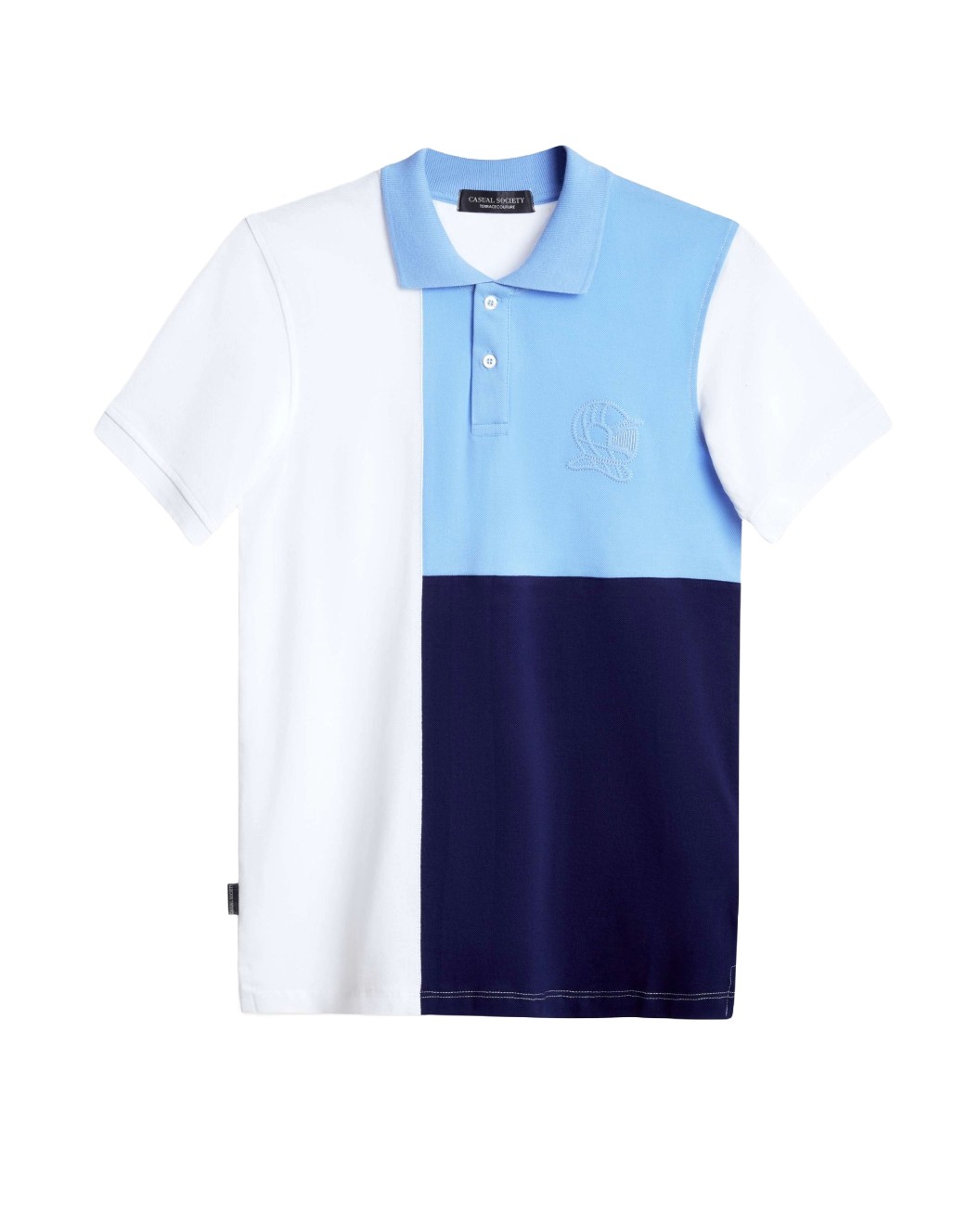 Men's White Pique Polo, with Baby Blue and Iris Blue Panels and Casual Society Logo