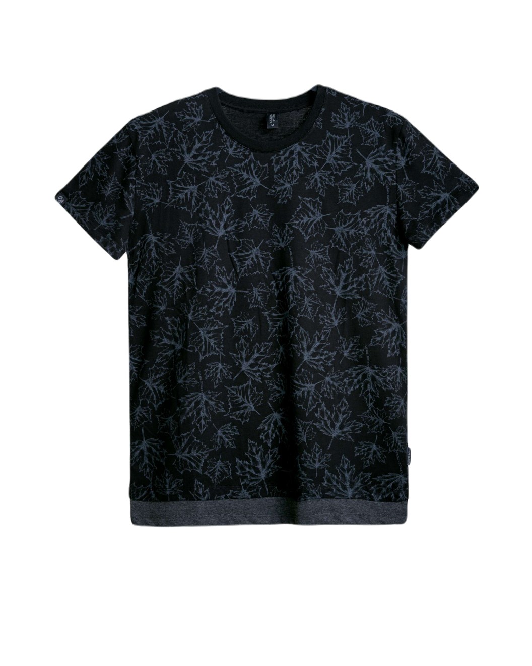 Men's Black Jersey T-shirt, Autumn Leaves Print & Shadow Contrast layered Waist