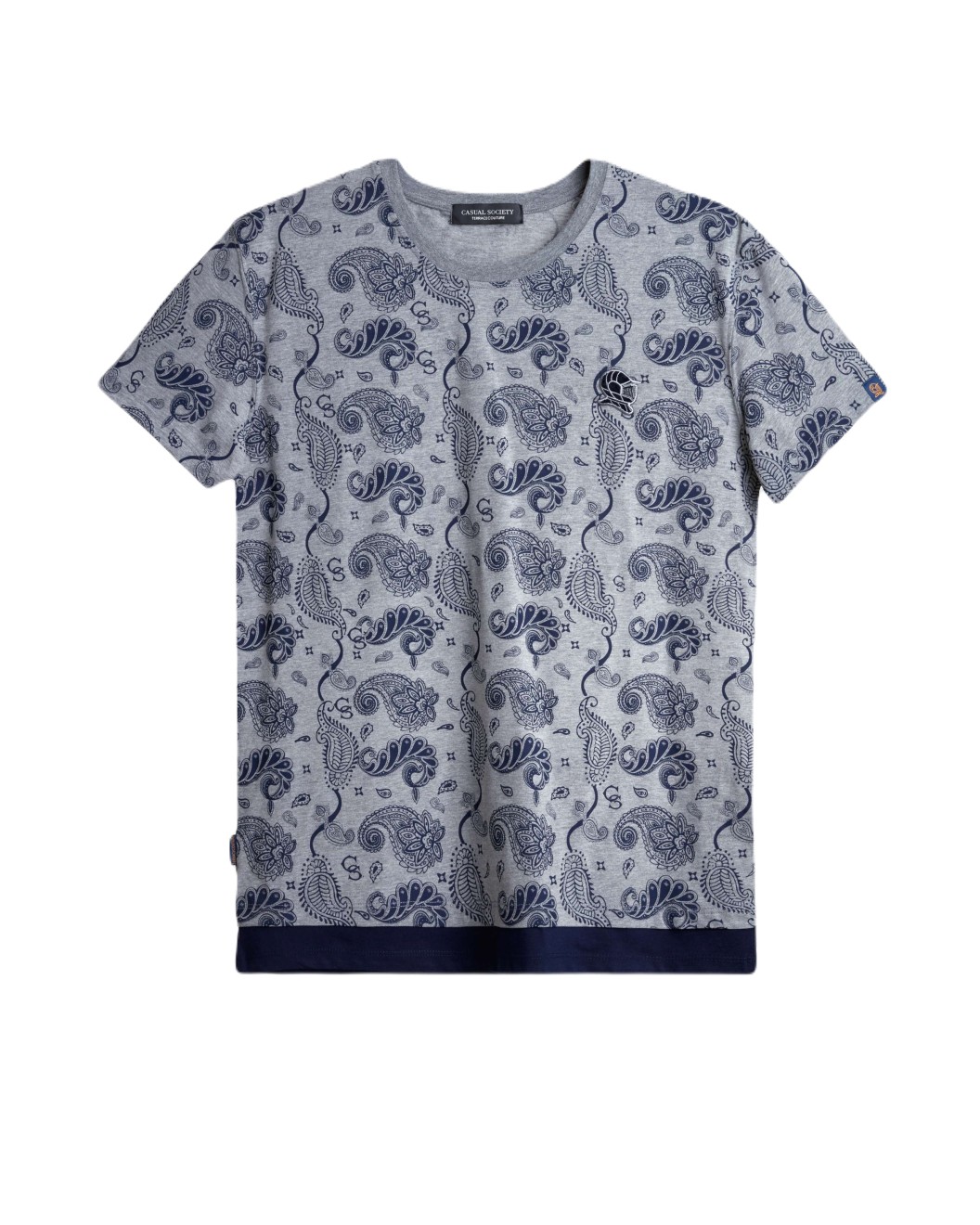 Men's Grey Melange Crew Neck T-Shirt, Casual Society Paisley Monogram Print & Velvet Logo