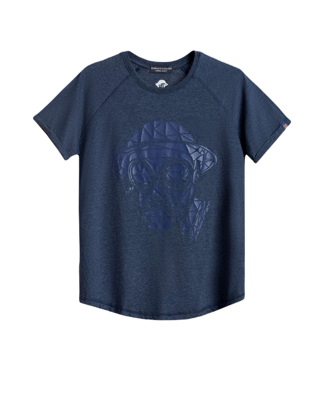 Men's Night Blue, Loose Fit T-Shirt, Geometric Fusilier Gasmask Rubber Print Logo