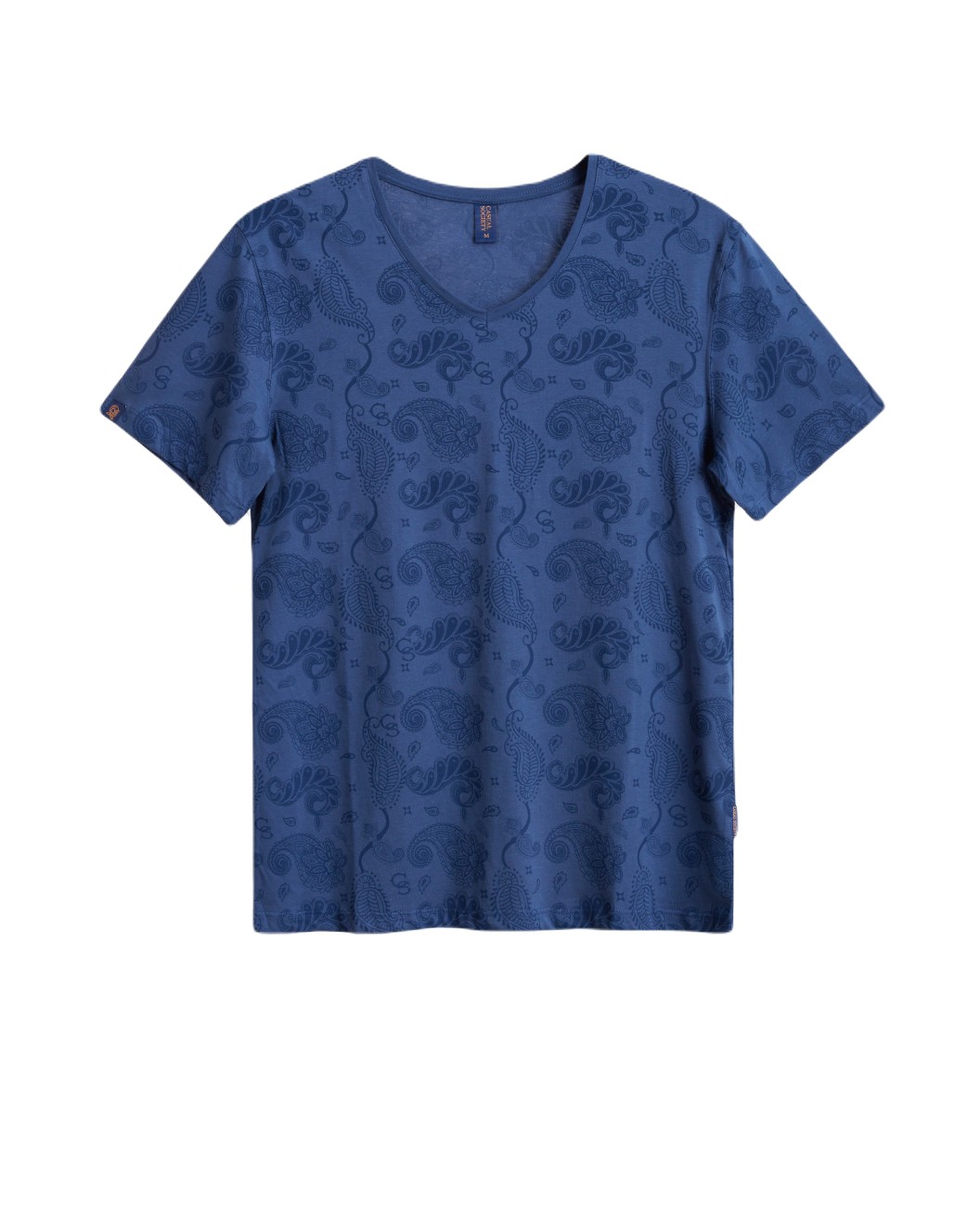 Men's Denim Blue Cotton T-Shirt, V-Neck, with Blue on Blue Paisley Design Print