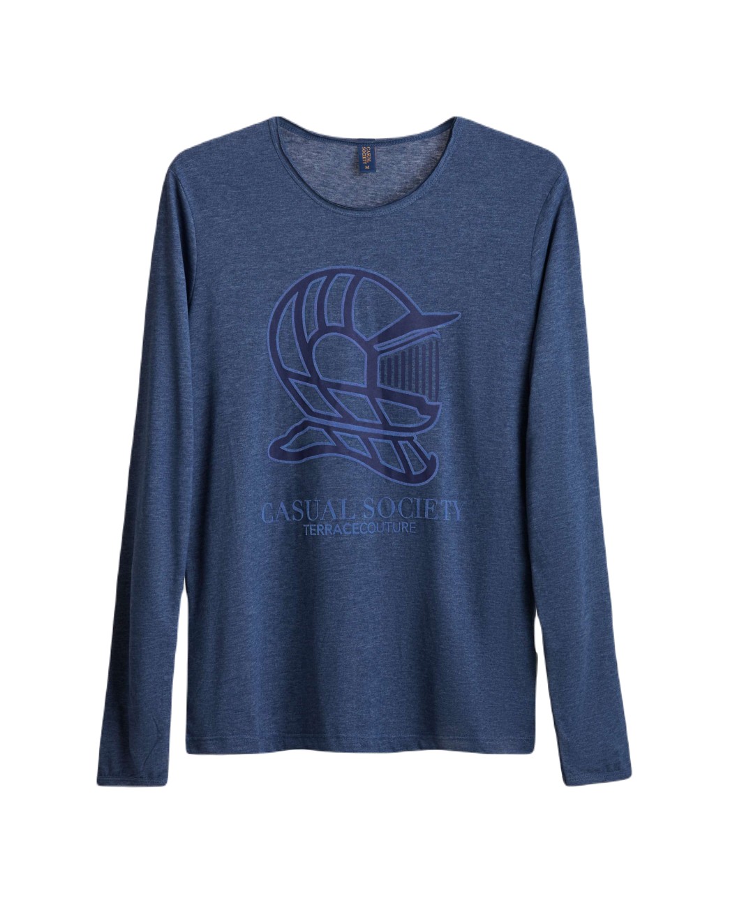 Men's Navy Cotton Melange, Henley Shirt, with Casual Society Logo in Navy Flock Print